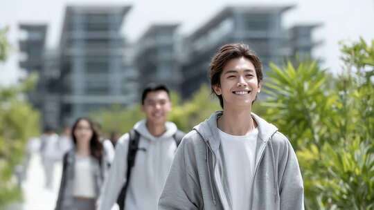 充满活力的年轻人在现代建筑群中漫步