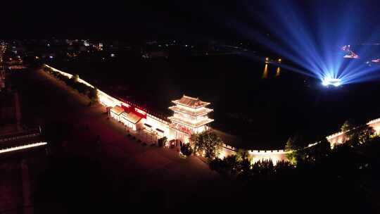 山东蓬莱阁夜景航拍视频素材模板下载