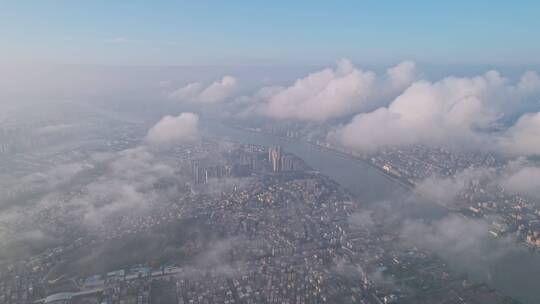 4K航拍珠海斗门城市日出朝阳平流雾云海