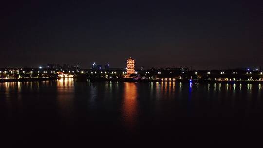 东莞航拍华阳湖湿地公园华阳塔夜景前进