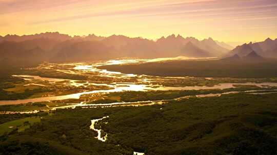 航拍山川河流黄昏美景