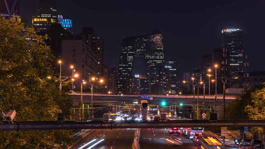 4k_北京国贸中央电视台央视大楼夜晚车流