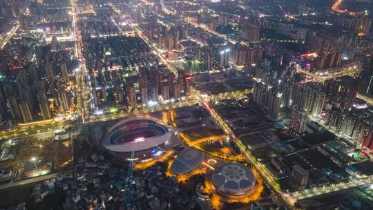 广西贵港体育中心夜景航拍延时