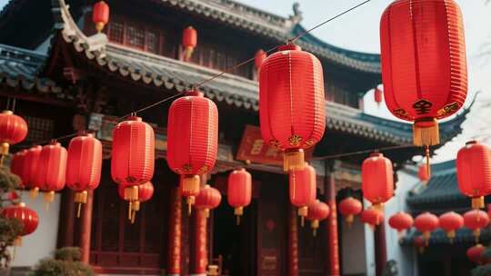 中式建筑挂红灯笼场景