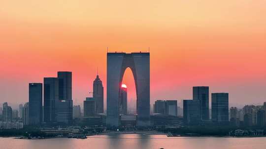 苏州东方之门地标建筑唯美晚霞航拍
