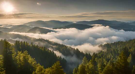 山峰云雾森林阳光树林大自然生态环境风景