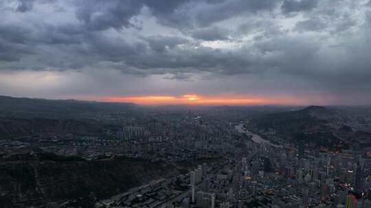 4k甘肃兰州城市都市繁华落日晚霞夕阳航拍