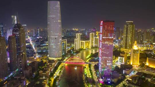 中国天津海河两岸夜景航拍延时8K