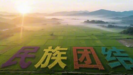稻田民族团结字样航拍画面