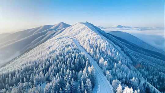 冬季雾凇森林日出丁达尔光下雪立冬大寒小寒