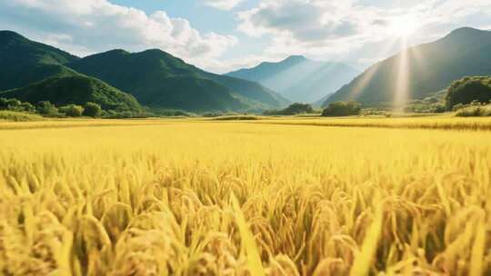 山间金黄稻田全景