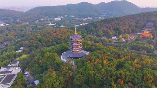 唯美杭州西湖雷峰塔景区大自然风光群山航拍