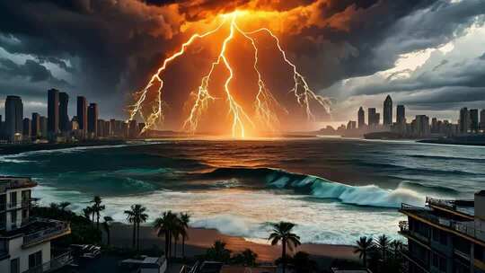 龙卷风雷雨夜的壮观闪电风暴降临前自然景象