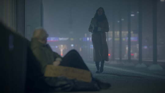 在寒冷的夜晚，善良的女人在外面帮助悲伤的