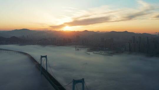 航拍夕阳大连星海广场跨海大桥平流雾