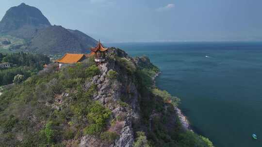 云南玉溪市抚仙湖禄充风景区笔架山航拍风光