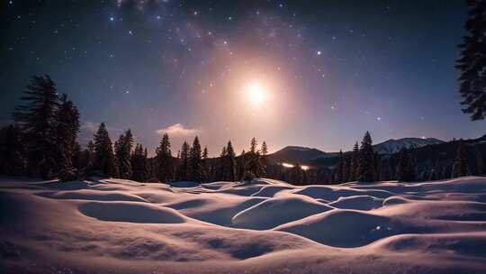 雪夜山林星空全景