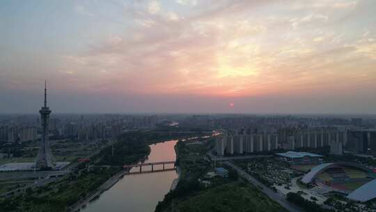 航拍周口日落周口沙颍河风景区