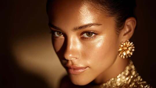 闪耀光泽：精致妆容下的迷人女性特写