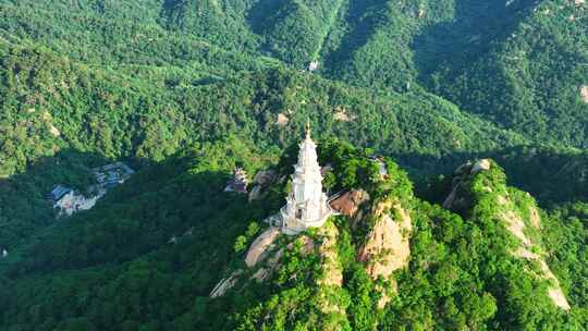 航拍千山绿色山林和大佛寺塔