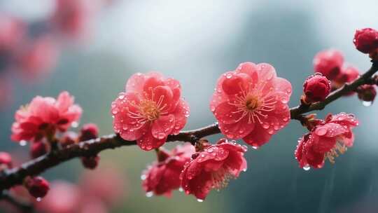 带水珠盛开的红色梅花
