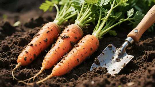 泥土上的新鲜胡萝卜与小铲子