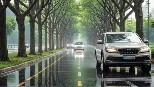 林荫道路上行驶的汽车