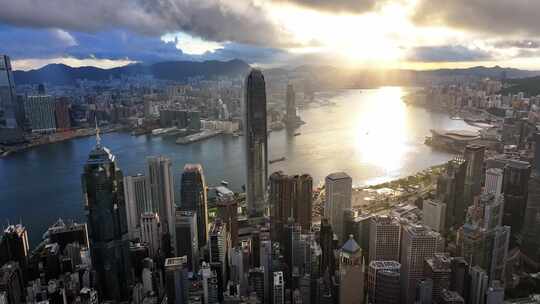 香港维多利亚港CBD中环日出高空航拍