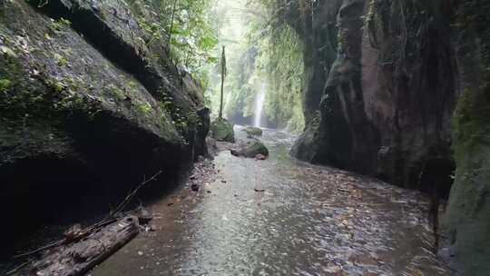 狭窄峡谷间的溪流及周边植被景观