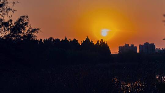 4k延时湖边日落城市剪影风景