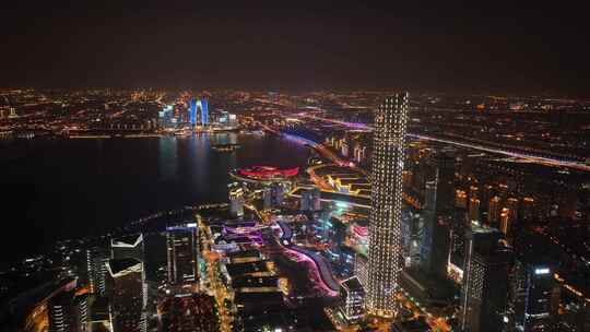 航拍苏州金鸡湖夜景