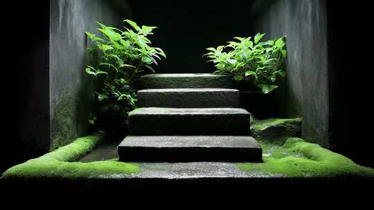 唐朝石阶青苔绿植幽静意境