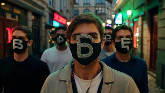 街头戴字母口罩的年轻人