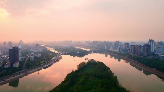 航拍夕阳金华东阳江婺州古城景区公园八咏桥