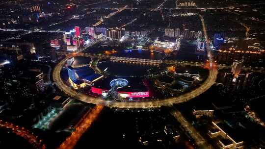 航拍扬州西区明月湖大桥夜景京华城商圈全景