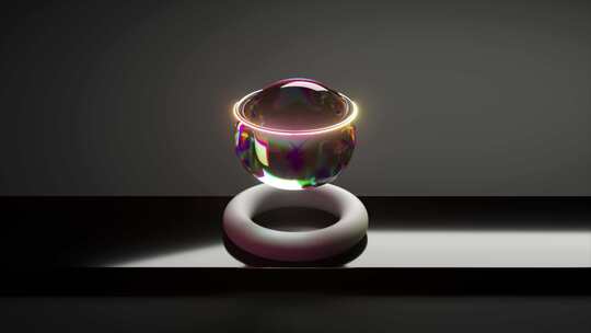一个发光的光环盘旋在一个彩虹色的球体上方