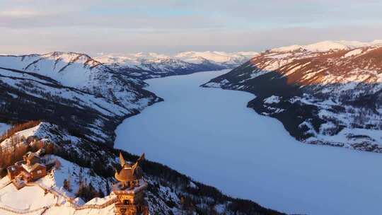 新疆阿勒泰地区喀纳斯景区雪景航拍