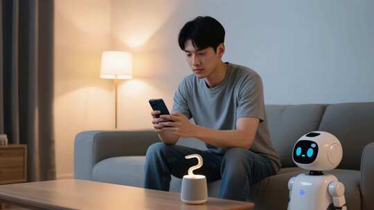 居家男子沙发上玩手机与机器人相伴