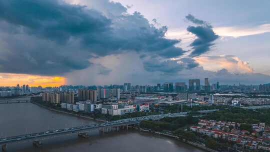 广州日落金光雨幕航拍延时