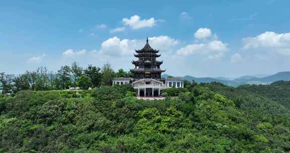 苏州吴中区太湖渔洋山风景区渔洋阁航拍