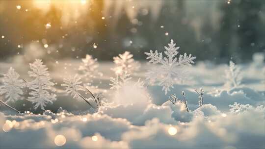 冬天雪花雪景下雪天冰晶雪花特写空镜头唯美