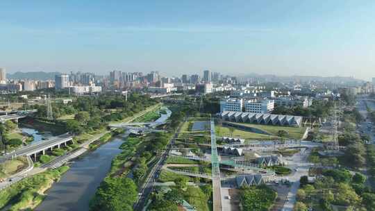 深圳光明区左岸科技公园航拍茅洲河碧道风景