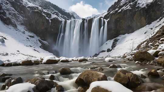 雪山瀑布自然景观