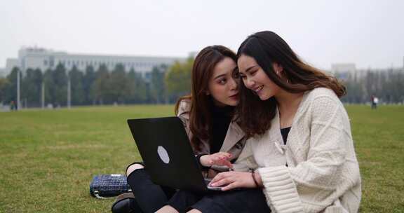 美女大学生在校园使用笔记本电脑讨论学习