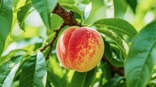 红润甜桃果实挂枝雨后珠光