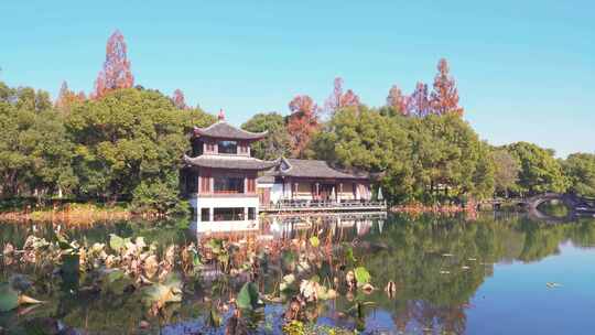 杭州西湖曲院风荷秋天水榭残荷风景