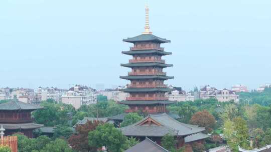 航拍上海宝山寺佛教寺院自然风光