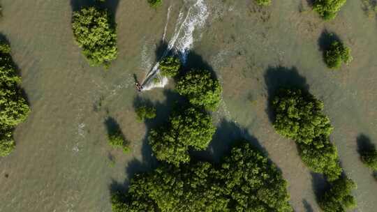 无人机自上而下拍摄巴西红树林风筝冲浪