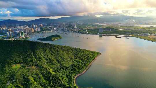 惠州大亚湾山水环绕的城市风光鸟瞰全景