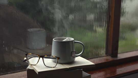 玻璃窗边的一杯热咖啡